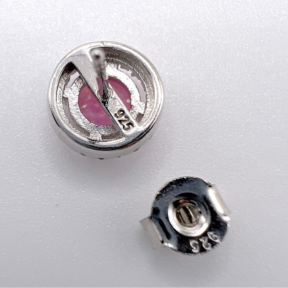 Halo Pink Fire Opal Cz & Clear Cz .925 Sterling Silver Earring & Necklace Set - Picture 12 of 17